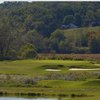 A gree view surrounded of water at Old Union Golf Course