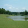 A view of green #8 surrounded by water at Chestatee Golf Club